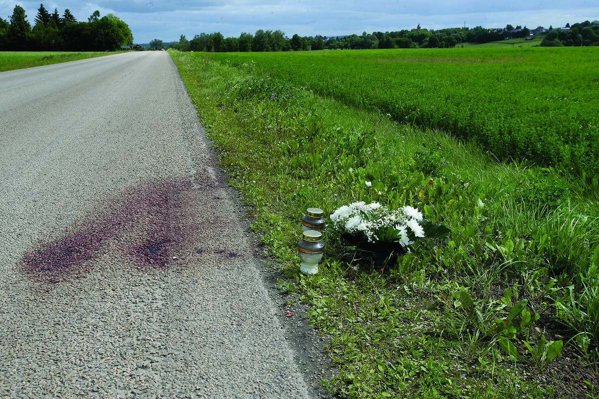 Toje vietoje, kurioje užgeso 26 m. tesulaukusio M. Pačkausko gyvybė, – dega žvakės, apie įvykusią tragediją byloja pakelėje padėta gedulo kaspinu perrišta gėlių puokštė. / Algimanto Barzdžiaus nuotr.