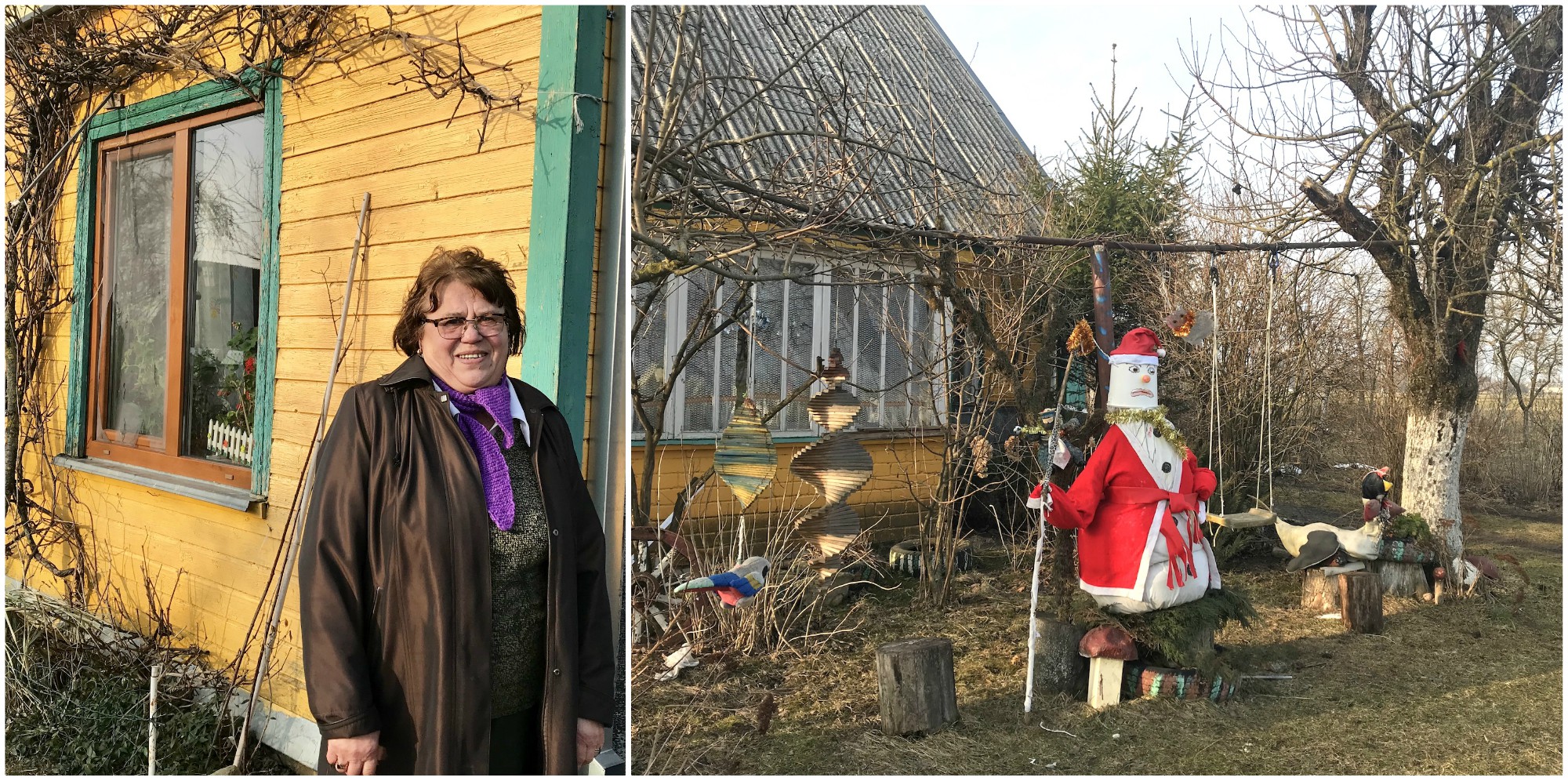 Vidulaukiškės Genutės kiemas kaip nekuris kitas traukia akį, mat jo pradžioje svečius pasitinka ryškiaspalvis Senis Šaltis, ant medžio šakelių kaba mediniai paukšteliai, o ant kelmo pasodinta žąsis. O kur ne kur, žiūrėk, ir koks medinis grybas sumeistrautas stovi. O kodėl gi ne? Juk taip gyventi įdomiau! V. Petrilevičienės nuotr. 