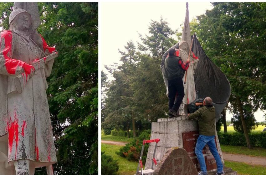  Šėtoje dažais apipilta tarybinio kario skulptūra