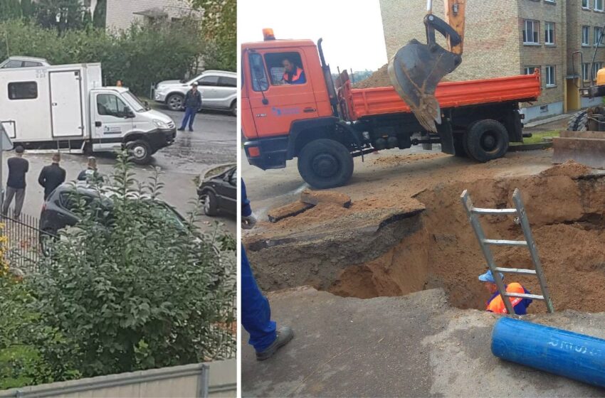  Nelaimė gatvėje: į atsivėrusią smegduobę nuslydo sunkvežimis
