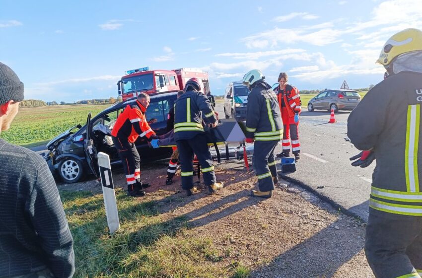  Lengvasis automobilis susidūrė su automobilvežiu: du žmonės ligoninėje (VIDEO)